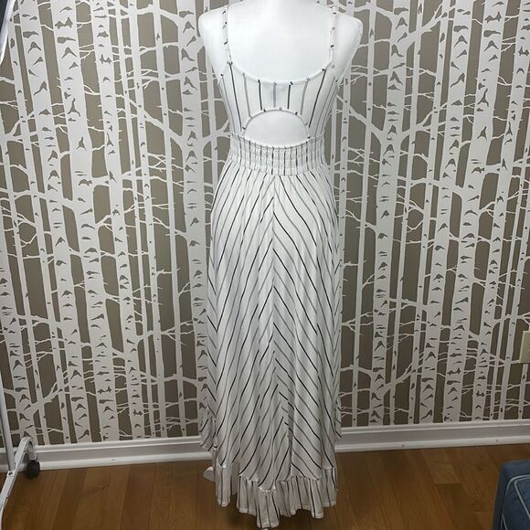 Boho hi-lo white and black striped ruffle trim back cutout maxi dress - Picture 6 of 15